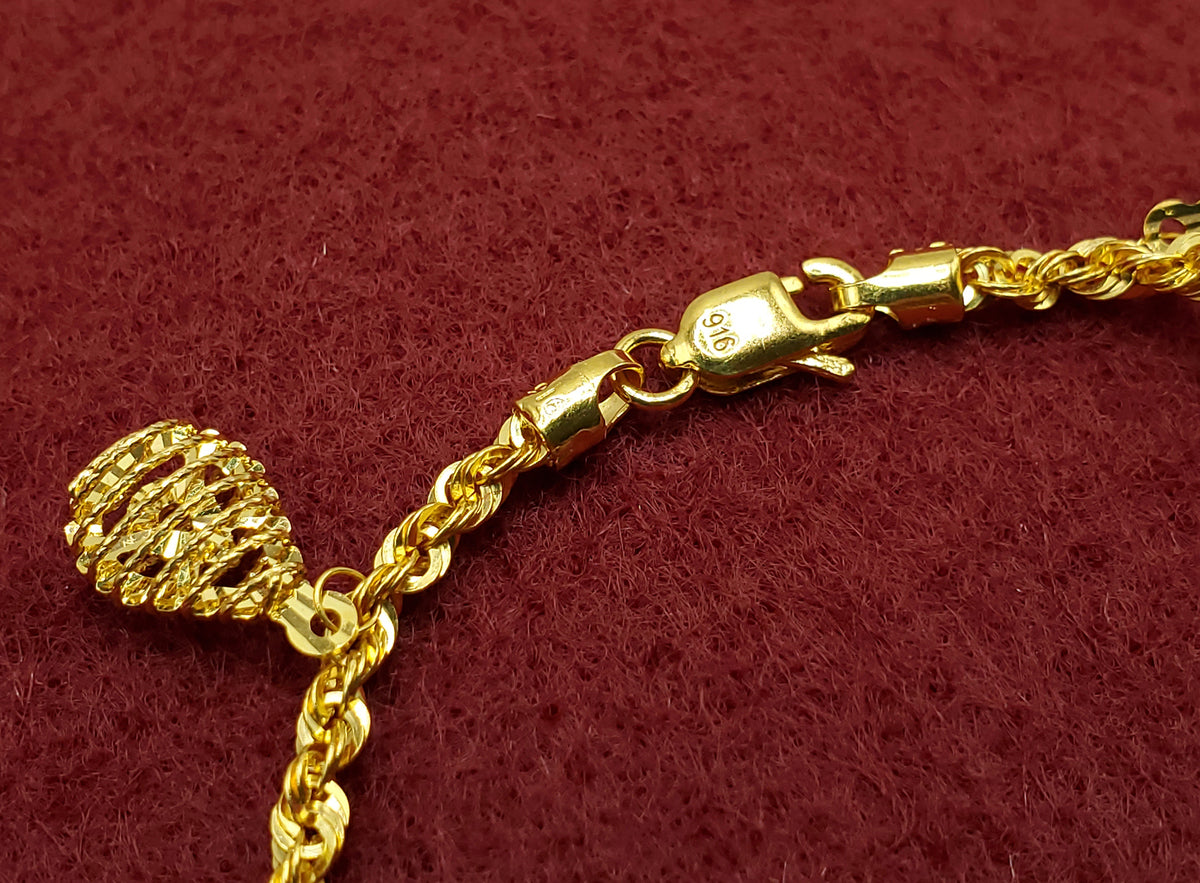 22K Yellow Gold 7.5&quot; Rope Chain Bracelet