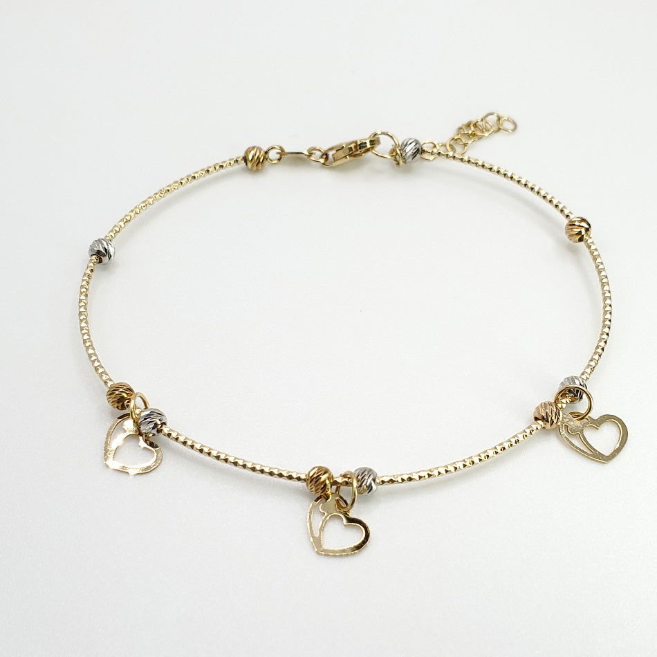 18K Yellow Gold Bangle with Heart Dangles